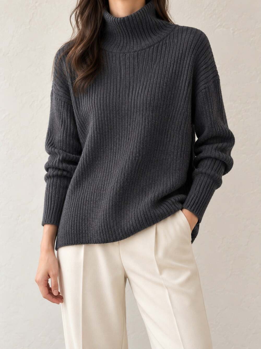 Eileen Fisher Medium Charcoal Merino Wool Ribbed Mock Neck Sweater Quiet Luxury